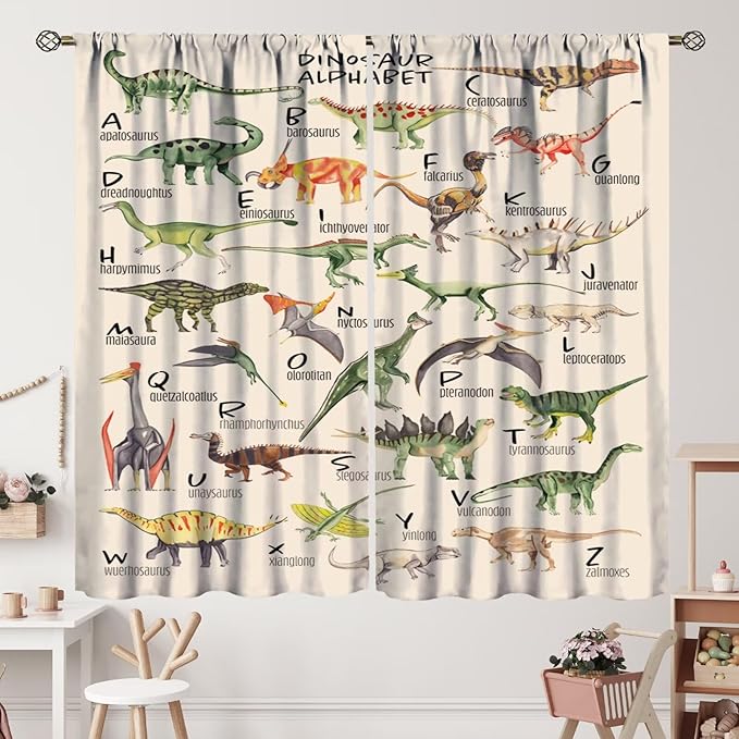 Dinosaur Curtains Cartoon Dino ABC Alphabet Pattern Educational Learning Theme Curtain with Rod Pocket for Kids Nursery Playroom Bedroom Drapes Window Treatments 2 Panels Set 42" W X 45" L