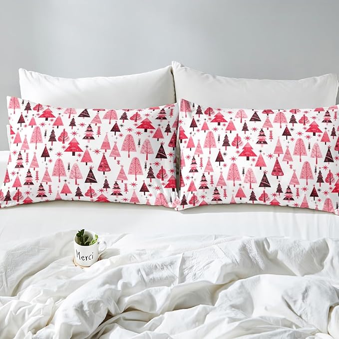 Manfei Pink Xmas Trees Duvet Cover Set Twin Size, Christmas Theme Bedding Set 2pcs for Kids Boys Girls Adults, Happy New Year Comforter Cover Soft Polyester Quilt Cover with 1 Pillowcase,No Comforter