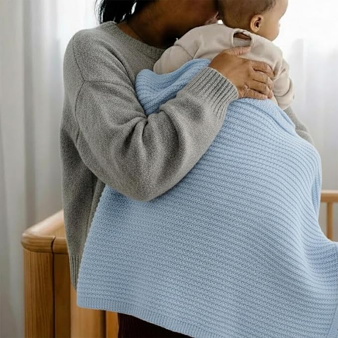 Baby Knit Blanket, 100% Cotton Waffle Patterns, Soft, Cozy, Lightweight Swaddle for Newborn & Infant Swaddling Beige Neutral, Perfect Baby Shower Ideas Baby Blue 28x36