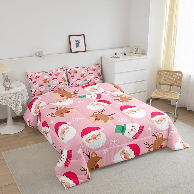 Cartoon Santa Claus Kids Comforter Set Full Size,Cute Snowman Deer Xmas Bedding Set,Boys Girls Adults Room Decor,Merry Christmas Snowflake Down Comforter,Pink Romantic Duvet Insert,2 Pillowcases