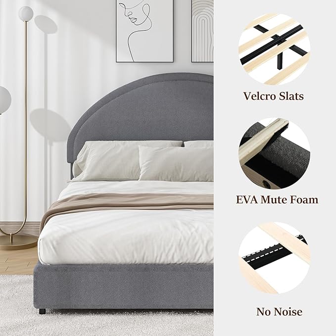 King Size Bed Frame, Upholstered Platform Bed with Headboard, Boucle Bed Frame with Round Conner, No Box Spring Required, Easy Assembly, Grey