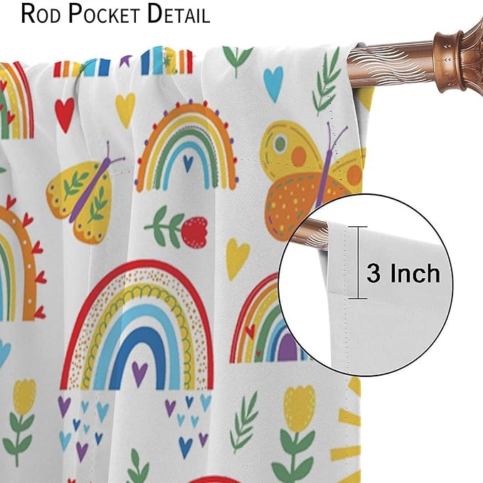 Boho Rainbow Curtains for Kids Nursery Colorful Floral Sun Star Clouds Pastel Bohemian Pattern Print Window Drapes for Girl Bedroom Living Room Kitchen Decor,2 Panel Set,55Wx63H Inch Blackout