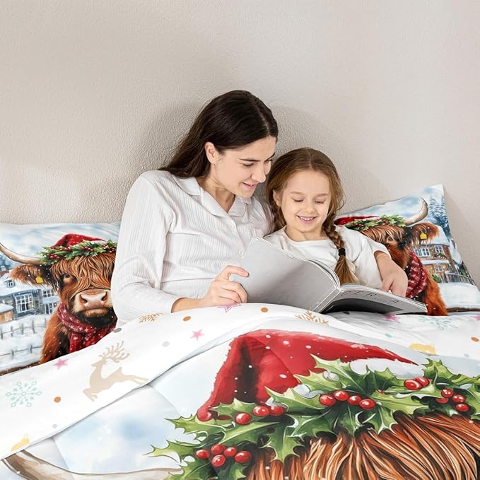 Feelyou Merry Christmas Bedding Set Soft for Boys Girls, Highland Cow Comforter Set Full Size Snowflake Duvet Quilt Microfiber Winter Bedroom Decor 3 Pcs with 2 Pillow Cases