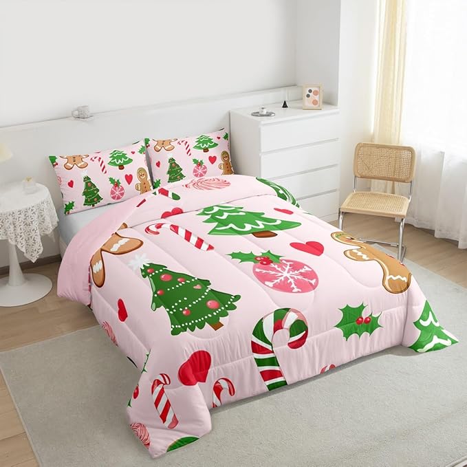 Feelyou Merry Christmas Kids Comforter Set Toddler Size Gingerbread Man Bedding Set Christmas Decor Duvet Quilt for Kids Boys Girls Bedroom New Year Gift Decor Microfiber Ultra Soft Breathable