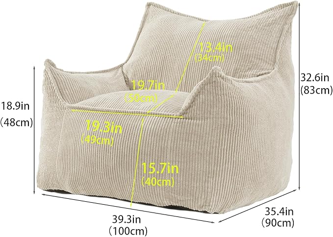 Giant Bean Bag Chair Sofa for Adults Teens, Comfy Corduroy Large Bean Bag Chairs with Armrests for Bedroom Living Room, Adult BeanBag Lazy Sofa Couch Chairs with Filler Included