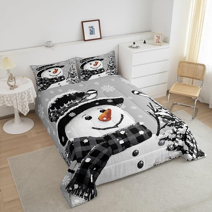 Feelyou Kids Christmas Theme Decorations Bedding Set Xmas Snowman Comforter Set for Boys Girls Snowflake Kawaii Cute Comforter Grey Quilt Set Bedroom Collection Toddler Size