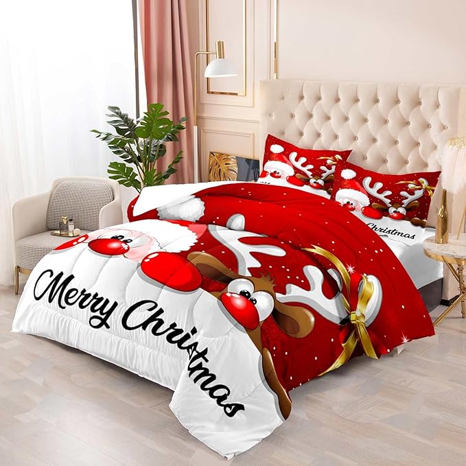 LUVIVIHOME 3PCS Merry Christmas Comforter Set Full Size, Funny Santa Claus Bedding, Reindeer Cute Christmas Bedroom Decor for Kids Boys Girls Teens, Xmas Gifts, 2 Pillow Cases