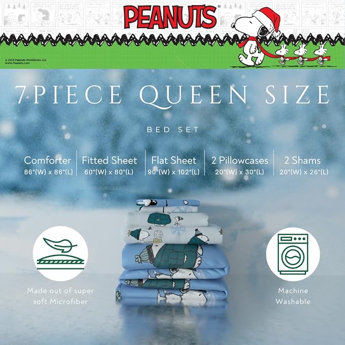 Collectibles Peanuts Snoopy Puffer Holiday & Christmas Bedding Super Soft Comforter and Sheet Set with Sham, 7 Piece Queen Size (Officially Licensed Product) by Franco