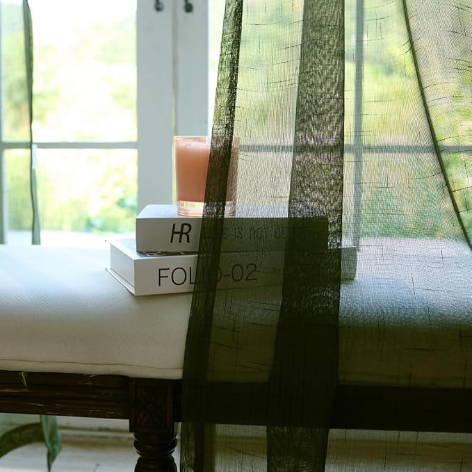 Olive Green Sheer Curtains 102 Inch Long 2 Panels, Dark Textured Linen Look See Through Drapes, Thin Light Filtering Window Treatments, DIY Pinch Pleat Sliding Glass Door Curtain