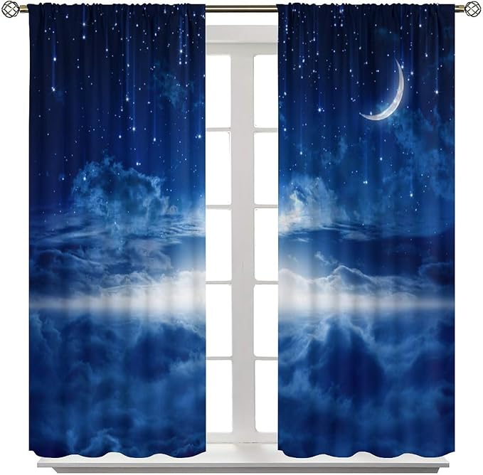 Star Night Sky Blackout Curtains, Moon Foggy Clouds Landscape Theme Print Window Drapes for Kids Girls Bedroom Living Room 42" W X 63" L