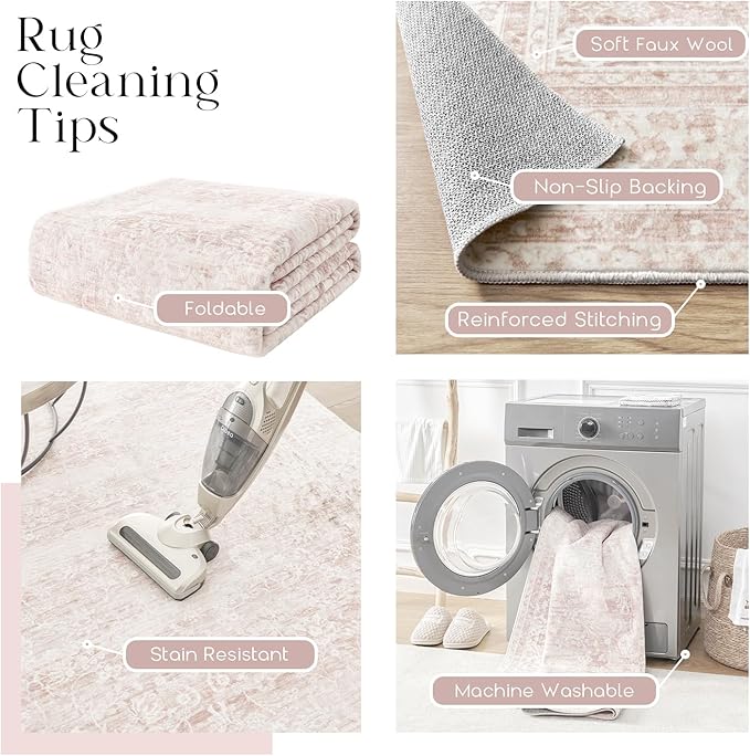 Washable 9x12 Area Rugs for Living Room Big Girls Bedroom Clearance Blush Pink Soft Faux Wool Neutral Boho Floral Extra Large Area Rug for Nursery,9 by 12