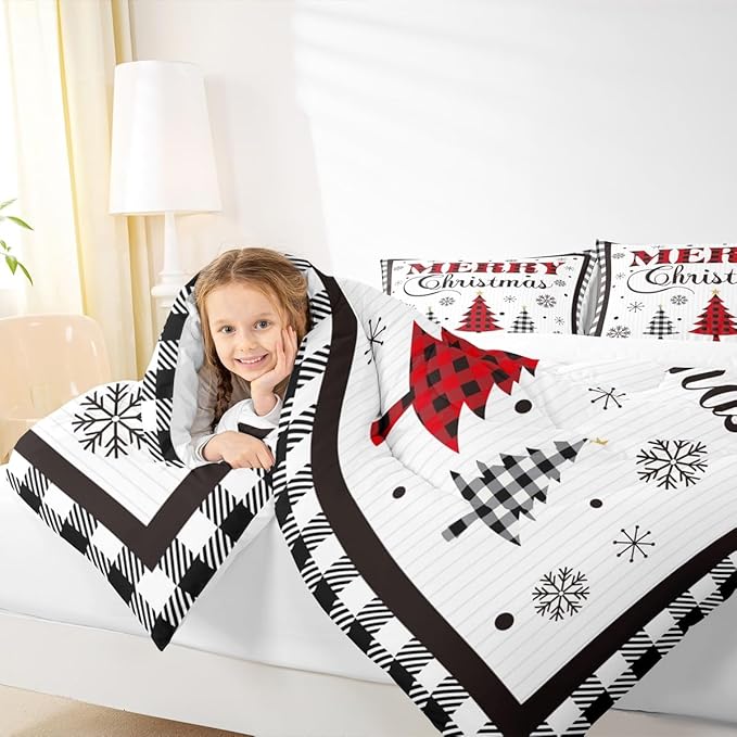 Merry Christmas New Year Kids Comforter Set Twin Size,Snowflake Pine Trees Bedding,Girls Boys Adults Bedroom/Xmas Cabin Decor,Grids Geometric Fashion Down Comforter,Rustic Duvet Insert,1 Pillowcase