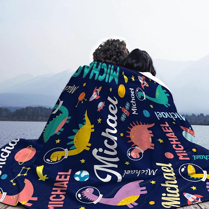 Dinosaur Lover Personalized Blanket with Custom Baby Dinosaur Custom Name Flannel Blanket Soft Throw Meaningful Gift for Toddlers Girls Boys Kids Pets 120 * 90" XL for Family