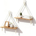 Boho Macrame Hanging Wall Shelves Set of 2 - Rustic Wood Triangular Floating Storage Shelf for Bedroom Bathroom Living Room Nursery Dorm - Boho Room Deco