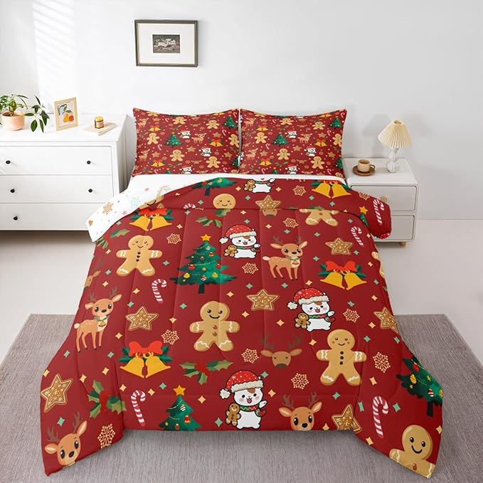 Feelyou Merry Christmas Comforter Set Full Size Gingerbread Man Bedding Set for Kids Boys Girls Cute Deer Duvet Quilt Christmas Tree Microfiber 3 Pcs with 2 Pillow Cases