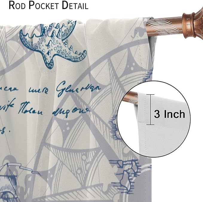 Nautical Sailboat Map Curtain,Ship Compass Lighthouse Anchor Decorative Curtain Polyester Fabric Waterproof Bedroom Curtain Set 2 Panels,55x63 Inches