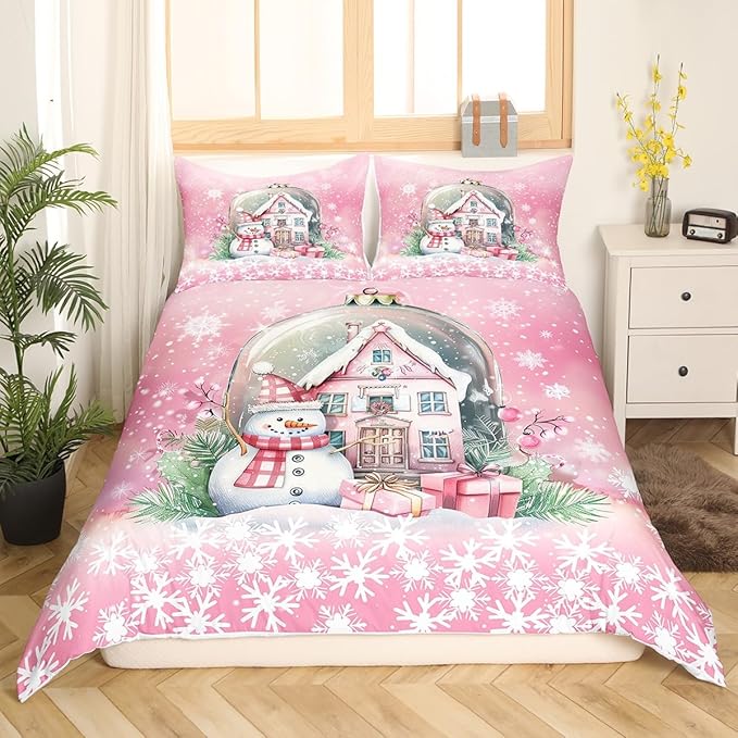 Manfei Christmas Duvet Cover Set Twin Size, Pink Castle and Snowman Print Bedding Set 2pcs for Kids Girls Teens Bedroom Decor, New Year Snowflake Print Comforter Cover with 1 Pillowcase,No Comforter