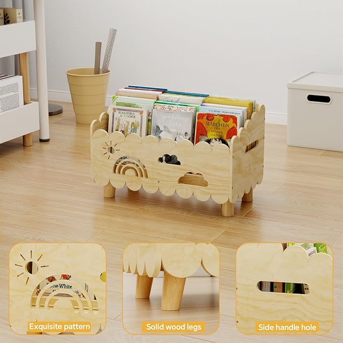 Wood Kids Bookshelf, Montessori Bookshelf, With 2 Adjustable Dividers, Suitable Kids Rooms, Nursery & Classroom, Kids Bookshelf And Toy Storage, Toddler Book Rack, Nursery Book Shelves, Wood color big