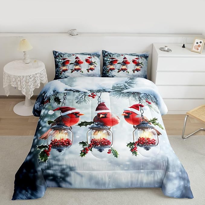 Feelyou Merry Christmas Comforter Set All Season Robin Bird Bedding Set with 2 Pillow Cases Snowflake Microfiber Kids King Bedclothes Winter Bedroom Decor Duvet Quilt Breathable Soft Lightweight