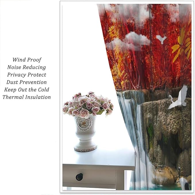 Nature Blackout Curtains, Waterfall Landscape Forest River Crane Fish Floral Pattern Rod Pocket Window Drapes, for Bedroom Living Room 63" W X 63" L