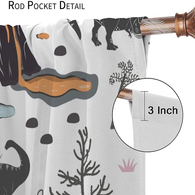 Funny Dinosaur Curtains Cute Dino Cartoon Animals Abstract Aesthetics Art Print for Kids Girls Boys Bedroom Living Room Rod Pocket Decoration Window Drapes 2 Panels W27.5xL63in