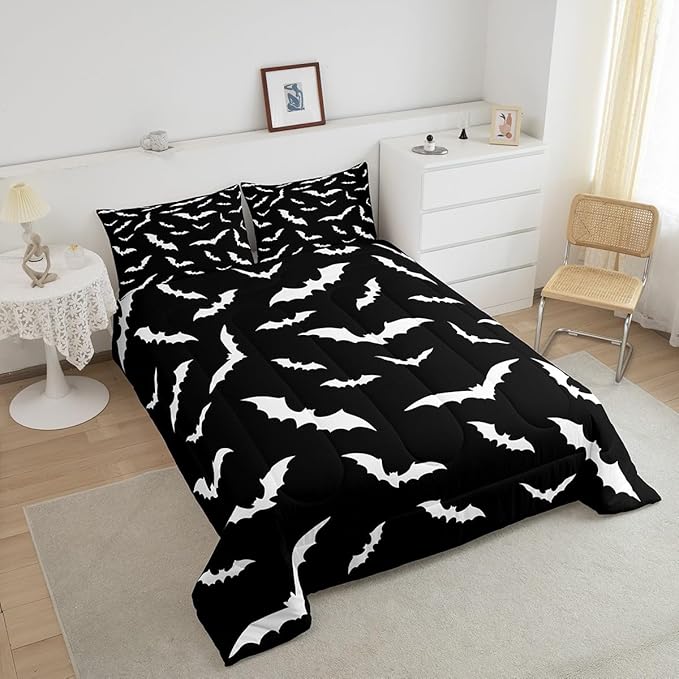 Erosebridal Bat Comforter Set Queen Size for Kids Bedroom with 2 Pillow Cases Happy Halloween Bedding Set Gothic Spooky Duvet Insert Cartoon Style Quilt, Black White