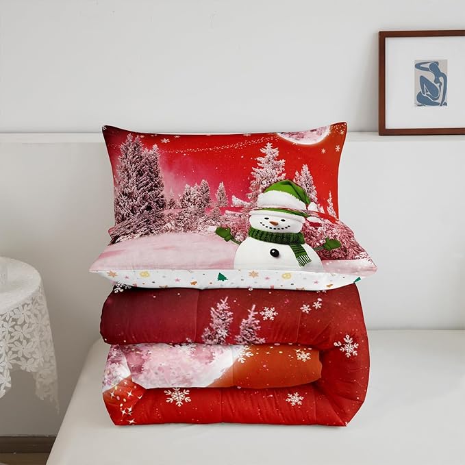 Feelyou Kids Merry Christmas Decorations Full Size Comforter Set Xmas Snowman Bedding Set Red Quilt Set Soft Warm Lightweight Duvet Set
