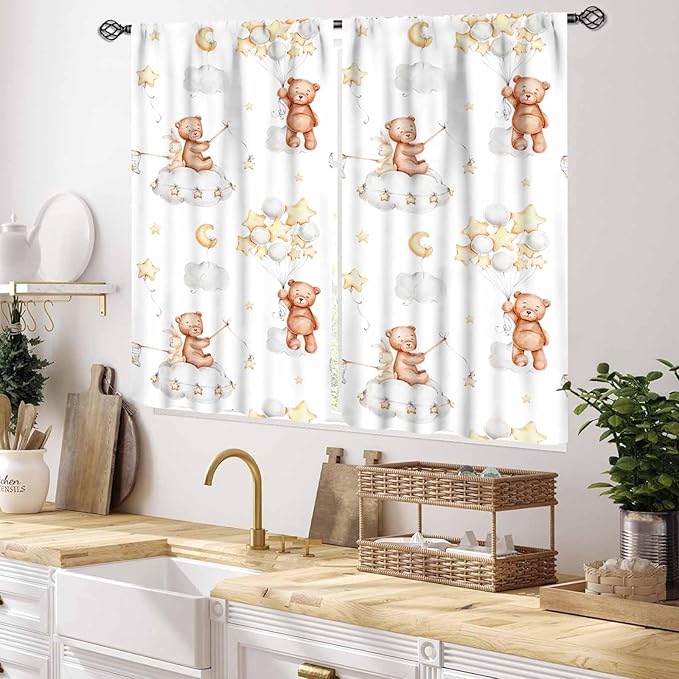Cartoon Bear Curtains, Kids Boys Girls Cute Lovely Bear Star Cloud Ballon Pastel Window for Baby Living Room Bedroom Nursey Toddler Classroom 2 Panels, 55x39 Inch