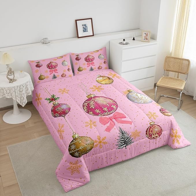 Erosebridal Merry Christmas Twin Bedding Sets Xmas Tree Comforter Sets Kids Snowflake Happy New Year Down Comforter for Boys Girls Pink Bownot Decor Bed Set