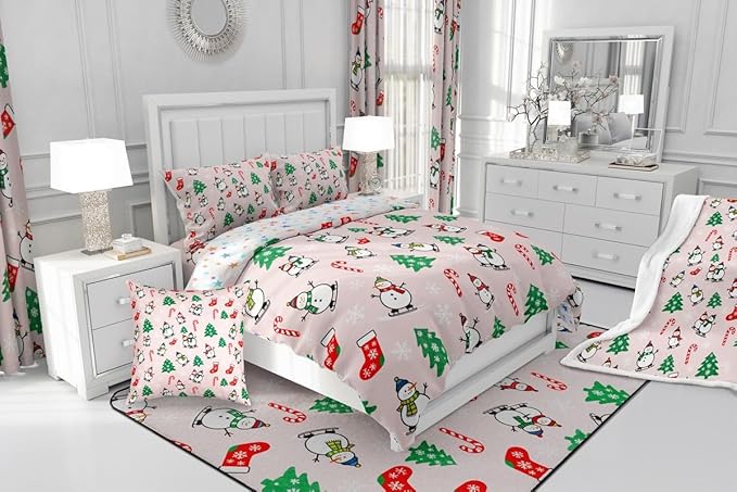 Feelyou Pink Christmas Comforter Set Full Size Snowman Bedding Set for Kids Boys Girls Snowflake Duvet Quilt Xmas Tree Bedroom Decor Microfiber 3 Pcs with 2 Pillow Cases