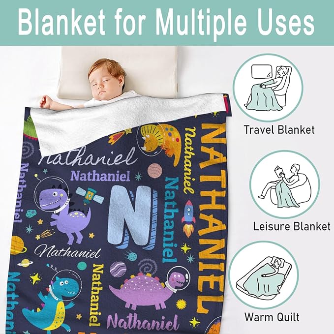 Dinosaur Lover Astronaut Personalized Blanket with Name Custom Dinosaur with Name Flannel Blanket Soft Throw Meaningful Gift for Toddlers Girls Boys Kids Pets 50 * 40" S for Kid