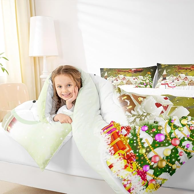 Manfei Christmas Comforter Set King Size, Xmas Tree Snowman Quilt Set with 2 Pillowcases, Santa Claus with Deer Bedding Set 3pcs for Kids Boys Girls Room Decor New Year Theme Duvet Insert
