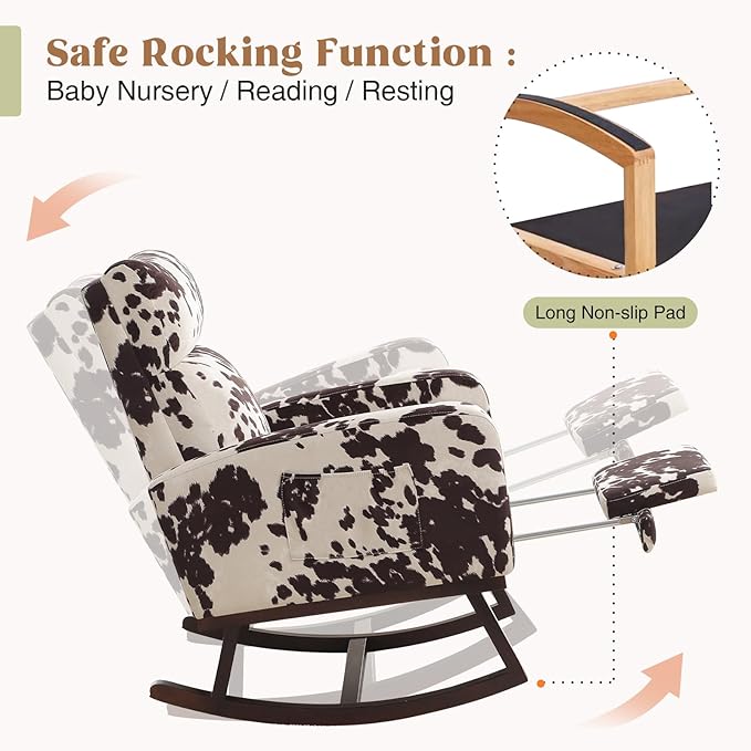 Rocking Chair Nursery with Foot Rest, Nursing Rocking Chairs for Mom Nursery, Rocker Glider with High Backrest for Living Room, Bedroom, Cow Printed