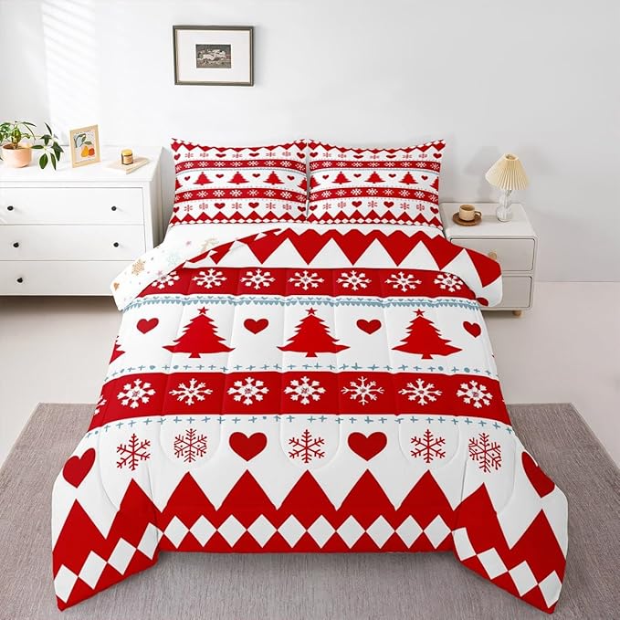Feelyou Christmas Comforter Set Queen Size Xmas Tree Bedding Set for Kids Boys Girls Snowflake Heart Duvet Quilt Geometric Bedroom Decor Microfiber 3 Pcs with 2 Pillow Cases