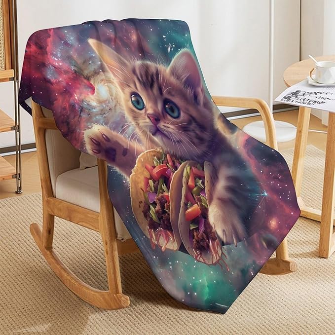 Funny Cat Print Blanket Taco Cute Kitty Animal Galaxy Throw Blankets Gifts for Couch Sofa Stuff Decor Soft Cozy Plush Flannel Bedding for Lover Men Women 60"x80"