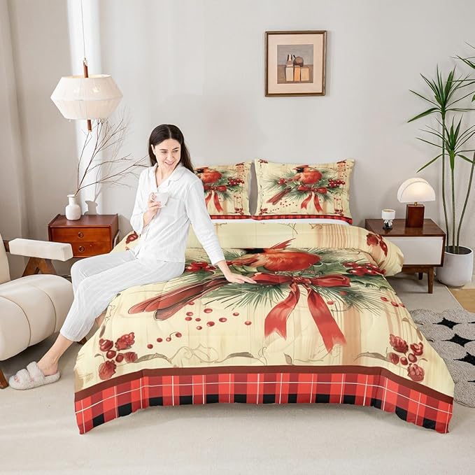 jejeloiu Kids Red Cardinal Comforter Set King Size Christmas Red Black Plaid Bow Bedding Set for Boys Girls Teens Xmas Birds Animal Winter Wood Plank Duvet Quilt Room Decor