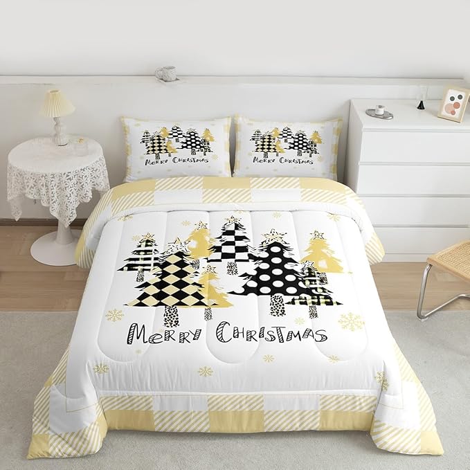 Manfei Xmas Tree Comforter Set Full Size, Yellow Plaid Grid Snowflake Down Comforter with 2 Pillowcases, Christmas Theme Bedding Set 3pcs for Kids Girls Adults Room Decor New Year Duvet Insert