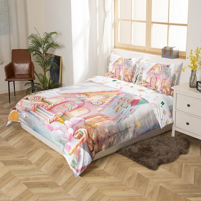 Manfei Christmas Kids Duvet Cover Set King Size, Cute Candy Cabin Xmas Bedding Set for Boys Girls Room Decor, New Year Theme Comforter Cover, Lightweight Bedspread Cover, 2 Pillowcases, No Comforter