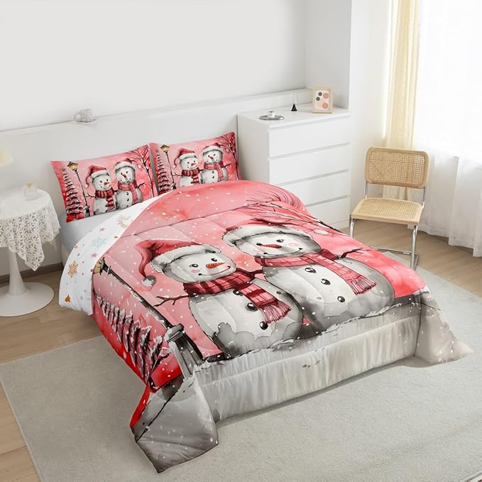 Feelyou Christmas Bedding Set Soft for Boys Girls, Pink Watercolor Snowman Comforter Set Queen Size Xmas Winter Duvet Quilt Microfiber Snowflake Bedroom Decor 3 Pcs with 2 Pillow Cases