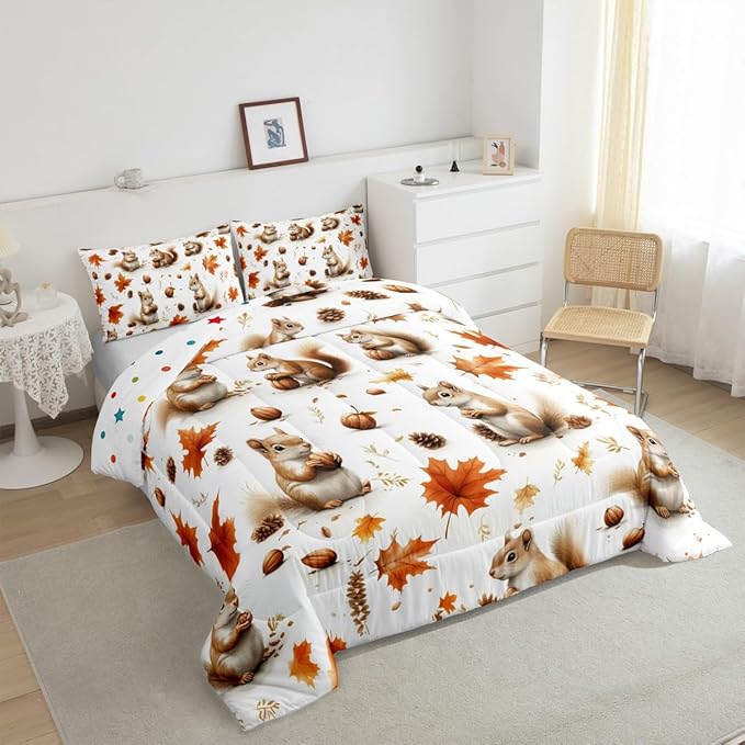 Feelyou Boys Girls Fall Autumn Duvet Cover Queen Size, Cute Squirrel Comforter Set Cartoon Animal Comforter Cover Kids Maple Leaf Teens Bedspread Cover Bedroom Decor Bed Set 3Pcs