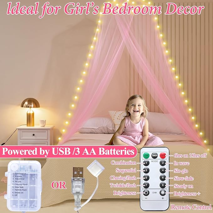 Lovelite Bed Canopy for Girls, Pink Canopy Bed Curtain with Warm White Star String Lights Remote Control, Dome Princess Canopy for Girls Room Twin Full Queen King Bed Decor
