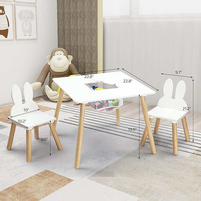 JOYMOR Kids Table and 2 Chairs Set, 3 in 1 Design for Toddler Activity, with Removable Tabletop, Storage Space and White Bunny Ear Chairs, Ideal for Craft and Playroom, Fit for Kids 2 to 5 Years Old