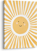 XWELLDAN Cute Cartoon Smiling Sun Cheerful Nursery Wall Art Canvas Prints,Watercolor Boho Neutral Sun Sunshine Wall Art Decor for Kids Baby Bedroom Nursery Playroom, 11 x 14 Inch, Framed