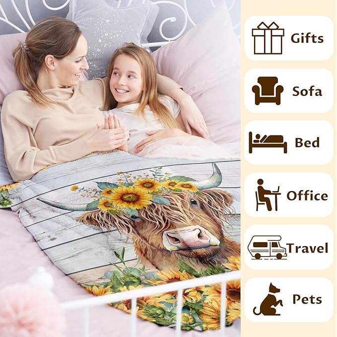 Blanket for Girls Women - 60x50 Inches Aesthetic Highland Cow Throw Blanket for Kids Teens Adults - Yellow Soft Fuzzy Sunflower Blankets Decor for Bed Couch Sofa
