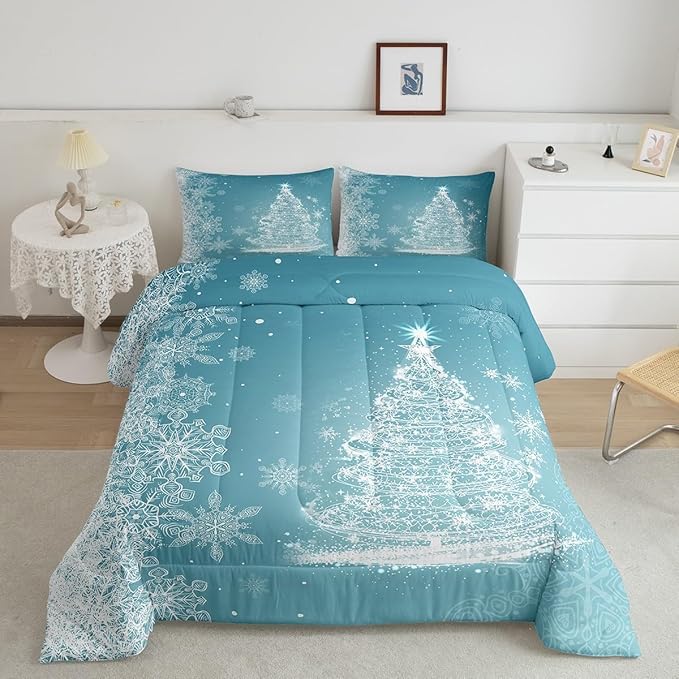 Merry Christmas Comforter Set Toddler Size,Shiny Glitter Xmas Pine Trees White Dots Decor Bedding Set for Kids Boys Girls,Blue Stars Snowflake Prubr Quilted Duvet Set with 1 Pillowcase, Soft