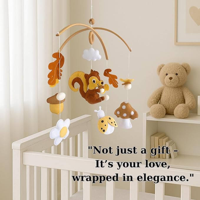 Woodland Nursery Mobile, Felt Squirrel with Mushrooms, Acorns, Leaves and Cloud, Baby Crib Mobile, Forest Theme Hanging Decor