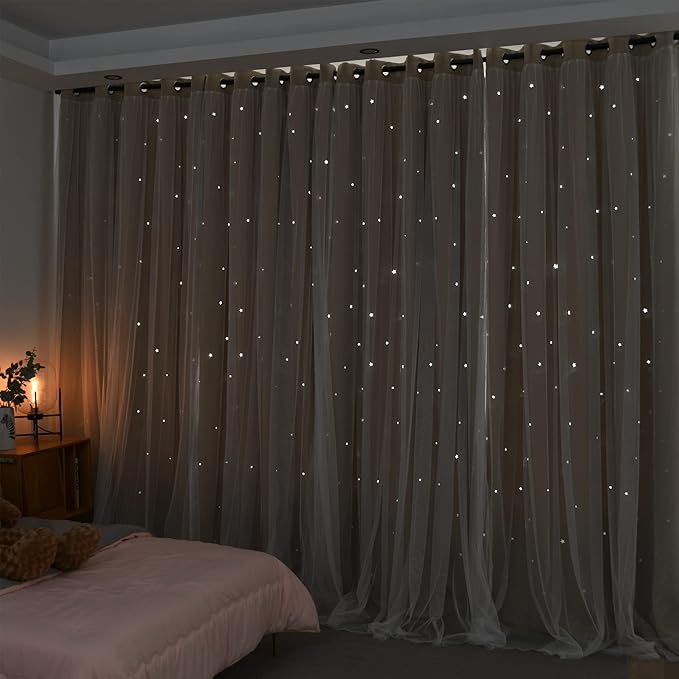 Kinryb Kids Blackout Curtains for Bedroom/Living Room/Classroom, Sheer Overlay 2 Panel Set, Double Layer Curtains with Star Cutout for Kids Room(Each Piece W 70 x L 84 Inches 2 Pcs Beige)