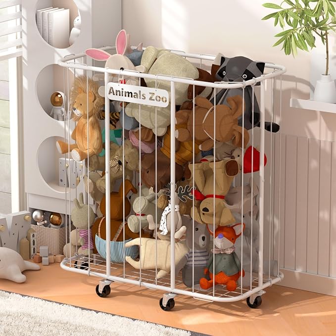 300L Stuffed Animal Organizer Plush Toy Storage Organizer Toy Storage Basket, Kids Toy Storage Bins with Wheels, Metal Frame and Elastic Cord Design, Suitable for Storage of Any Stuff