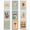 9 Pieces Nursery Canvas Wall Art, Cute Milkshake Cat Poster, Happy Bear and Violin Playing Monkey Kids Poster, Boys Playroom Cars Picture, Cozy Rainbow Dots and Smiling Moon Print 8x12in Unframed