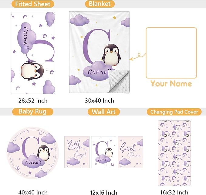 Custom Baby Bedding Set, 5 Pcs Personalized Baby Crib Sets with Name, Toddler Bedding Set for Baby Girl Boy, Purple Penguin Double Layer Nursery Bedding Set, Customized Gift for Infant Newborn